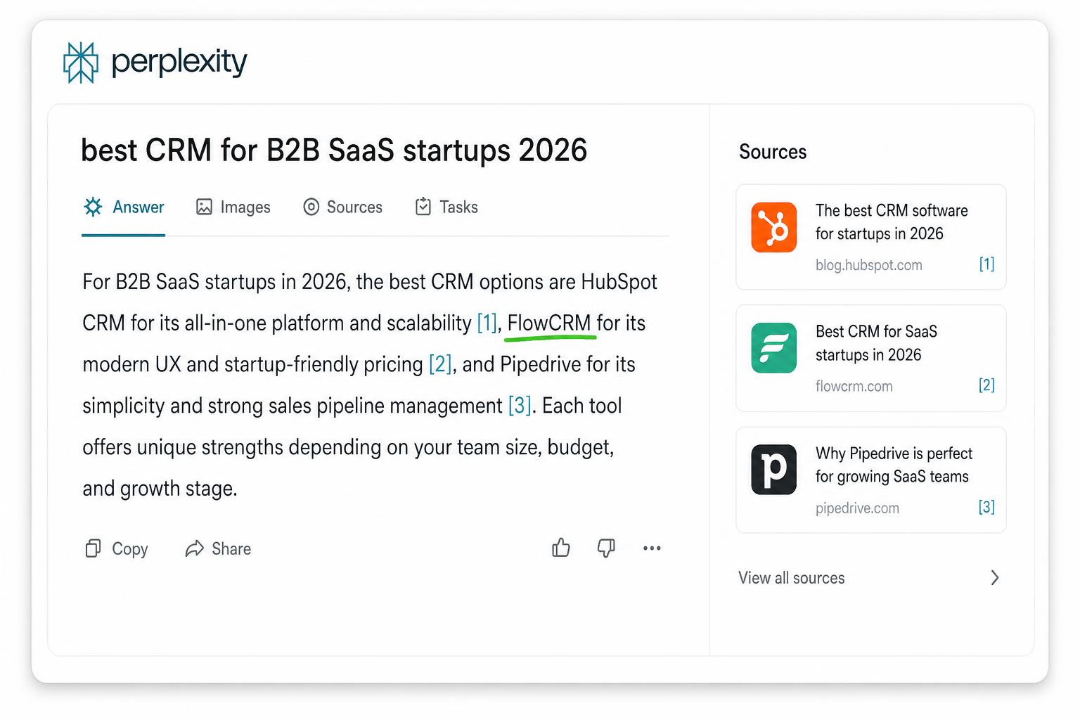 Perplexity recommending a small SaaS brand